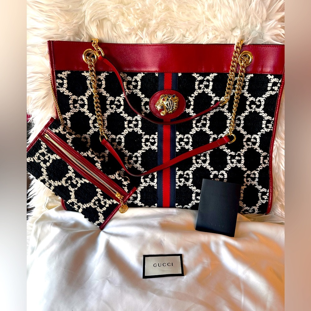 GUCCI - RED LEATHER RAJAH CHAIN TOTE BLACK & WHITE TWEED W/ POUCH